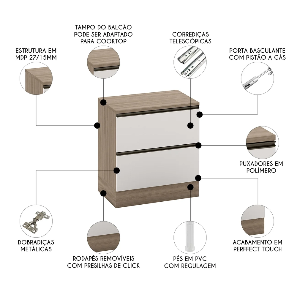 Balcão de Cozinha Cooktop 80cm Grace Carvalho Oak/Off White Z44 - Mpozenato