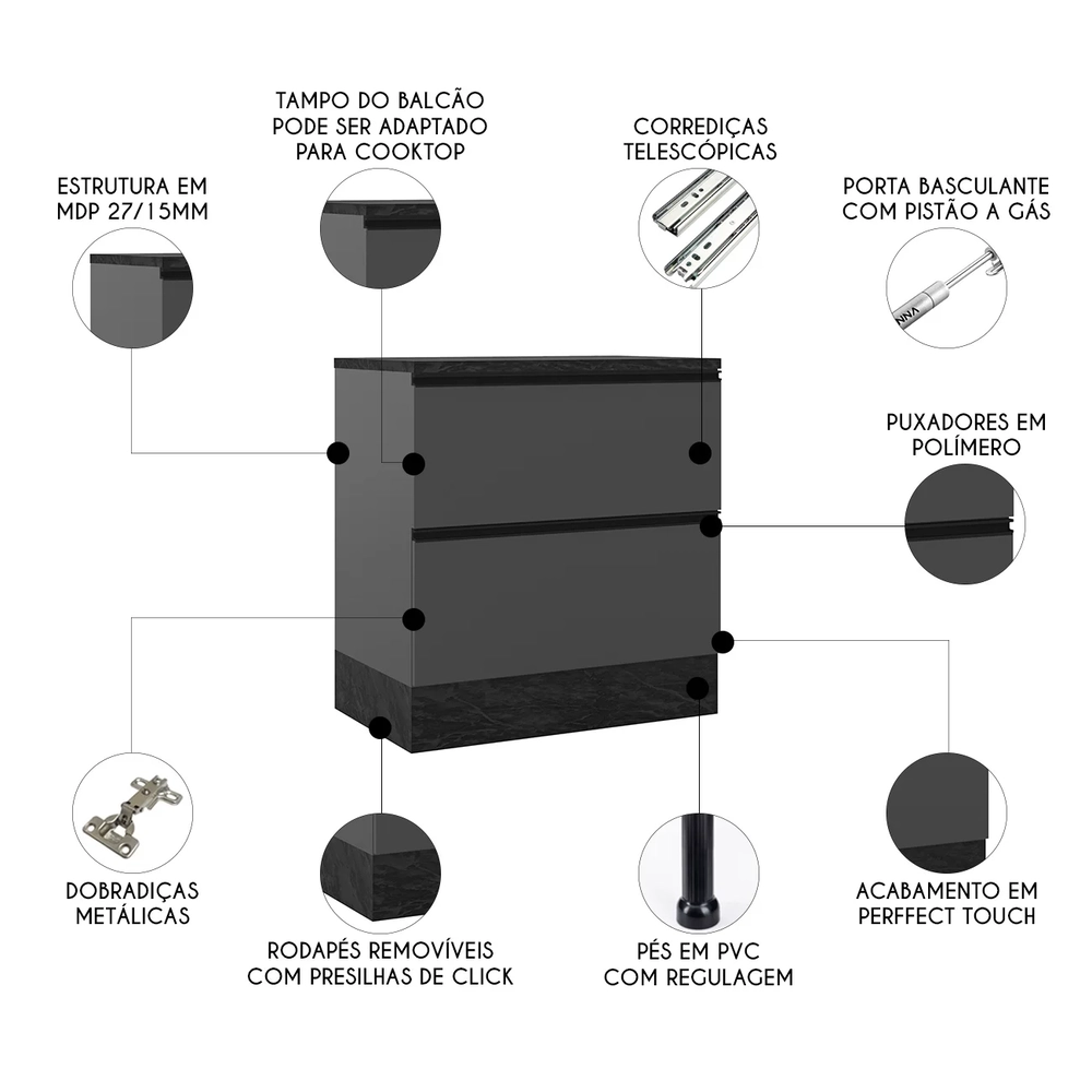 Balcão de Cozinha Cooktop 80cm Grace Grafite Z44            - Mpozenato