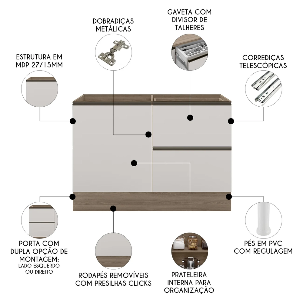 Balcão de Cozinha Para Pia 120cm Grace Carvalho Oak/Off White Z44 - Mpozenato