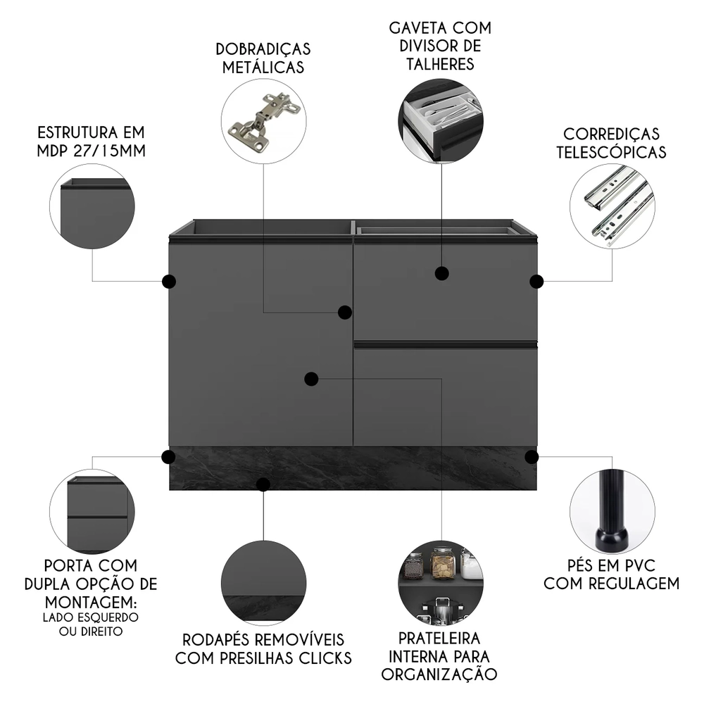 Balcão de Cozinha Para Pia 120cm Grace Grafite Z44          - Mpozenato