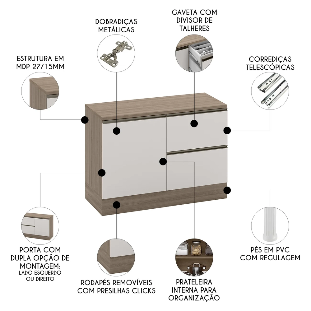 Balcão de Cozinha e Tampo 120cm Grace Carvalho Oak/Off White Z44 - Mpozenato