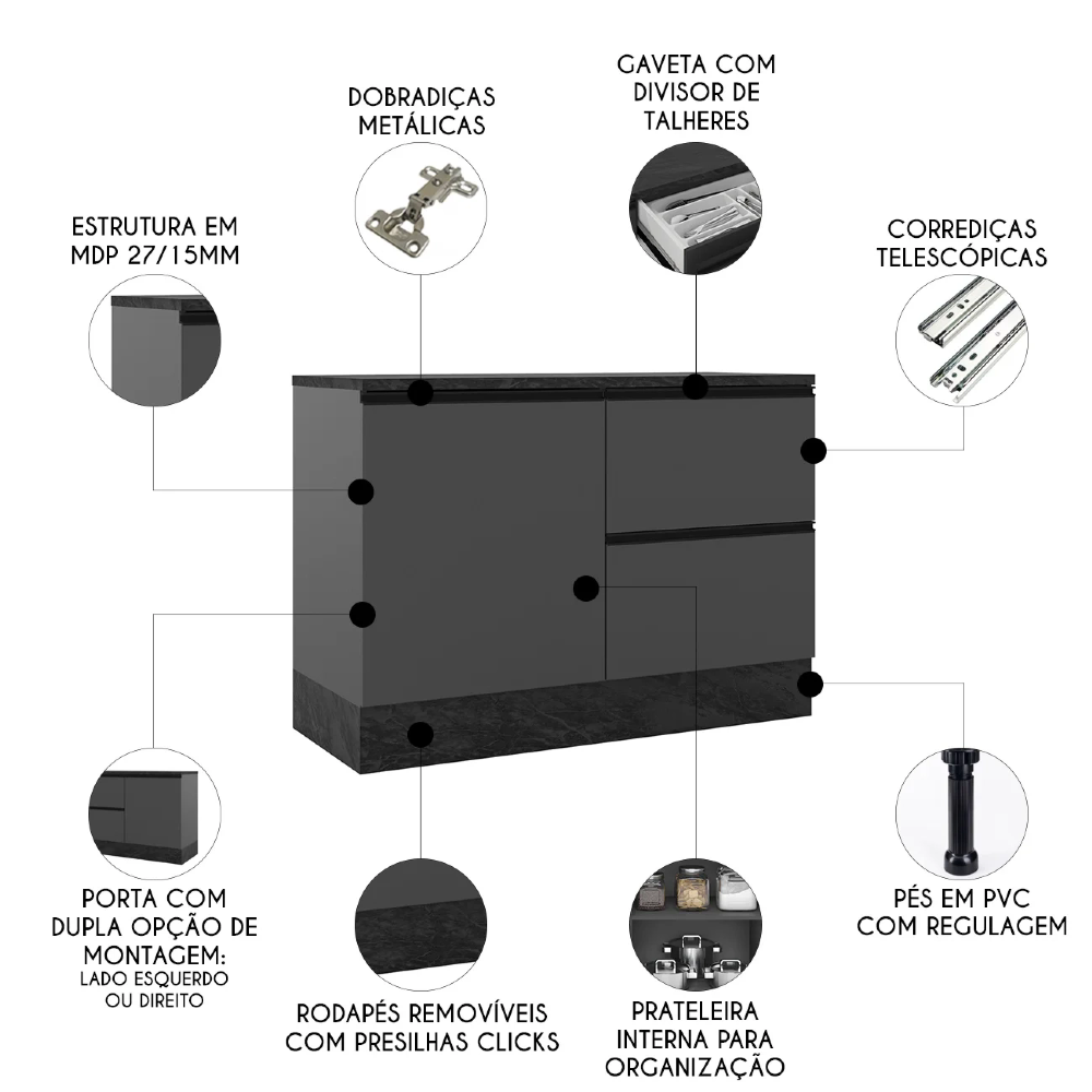 Balcão de Cozinha e Tampo 120cm Grace Grafite Z44           - Mpozenato