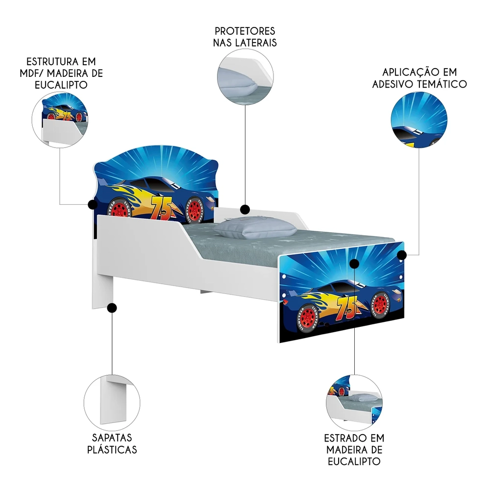 Mini Cama Infantil 148x68cm Proteção Lateral Carro Azul Z53 - Mpozenato