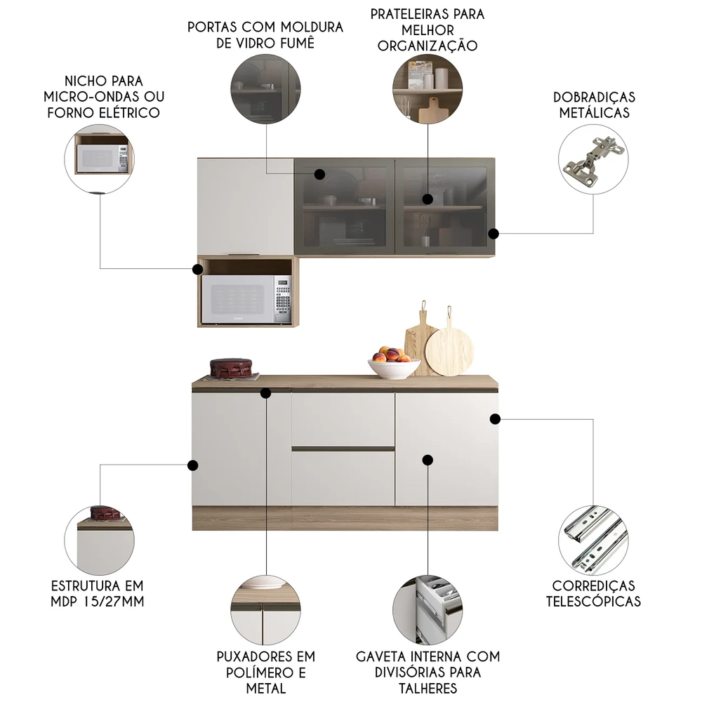 Armário de Cozinha CP01 e Tampo Grace Carvalho Oak/Off White Z44 - Mpozenato