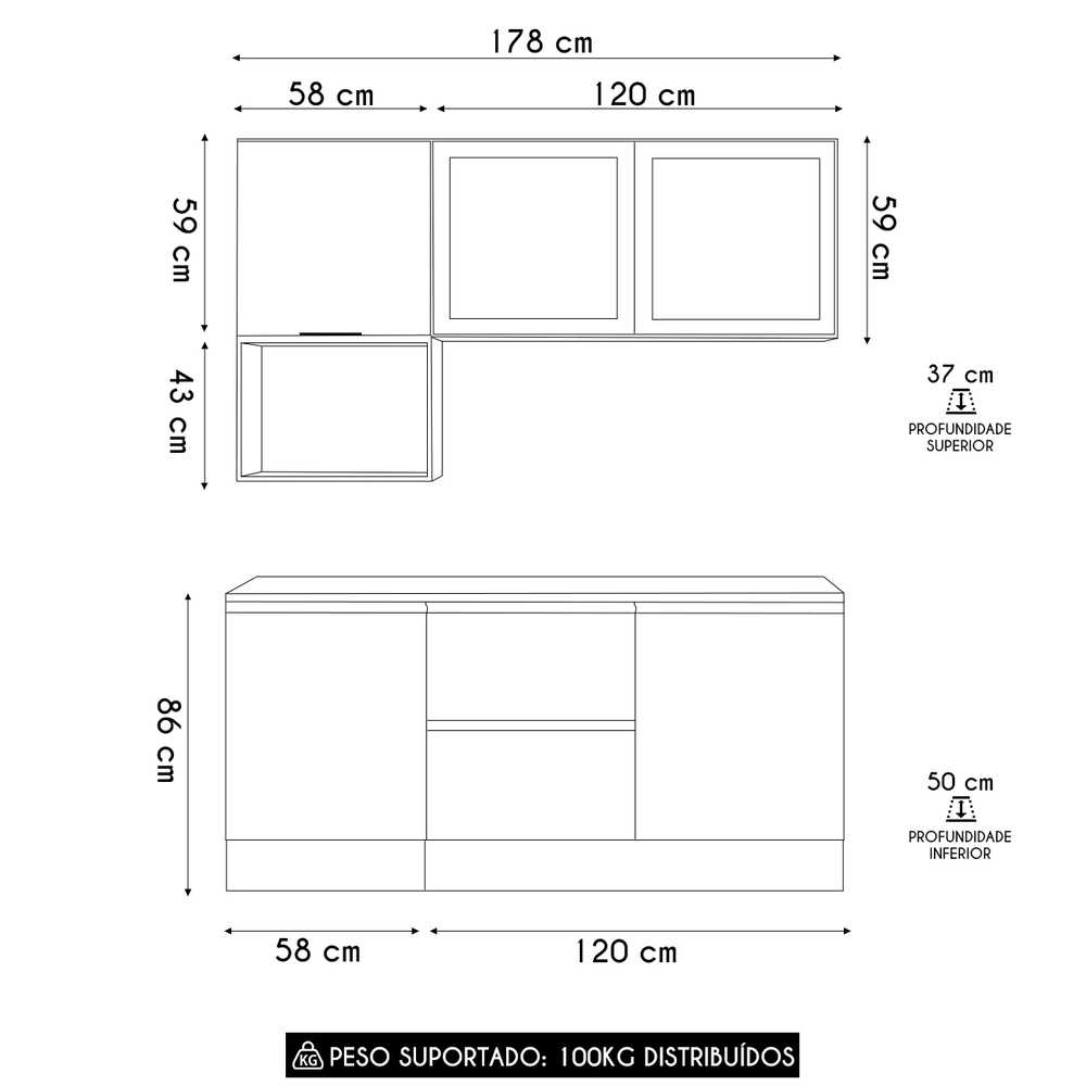 Armário de Cozinha CP01 e Tampo Grace Grafite Z44           - Mpozenato
