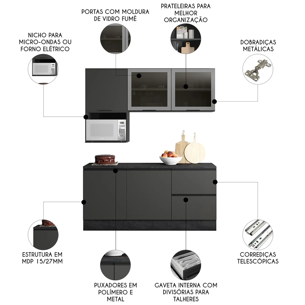 Armário de Cozinha CP01 e Tampo Grace Grafite Z44           - Mpozenato
