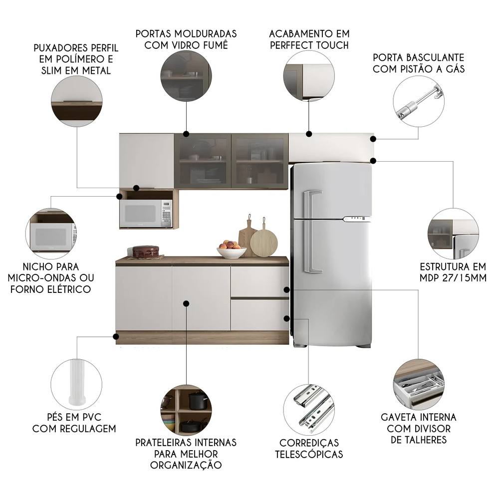 Armário de Cozinha CP02 e Tampo Grace Carvalho Oak/Off White Z44 - Mpozenato
