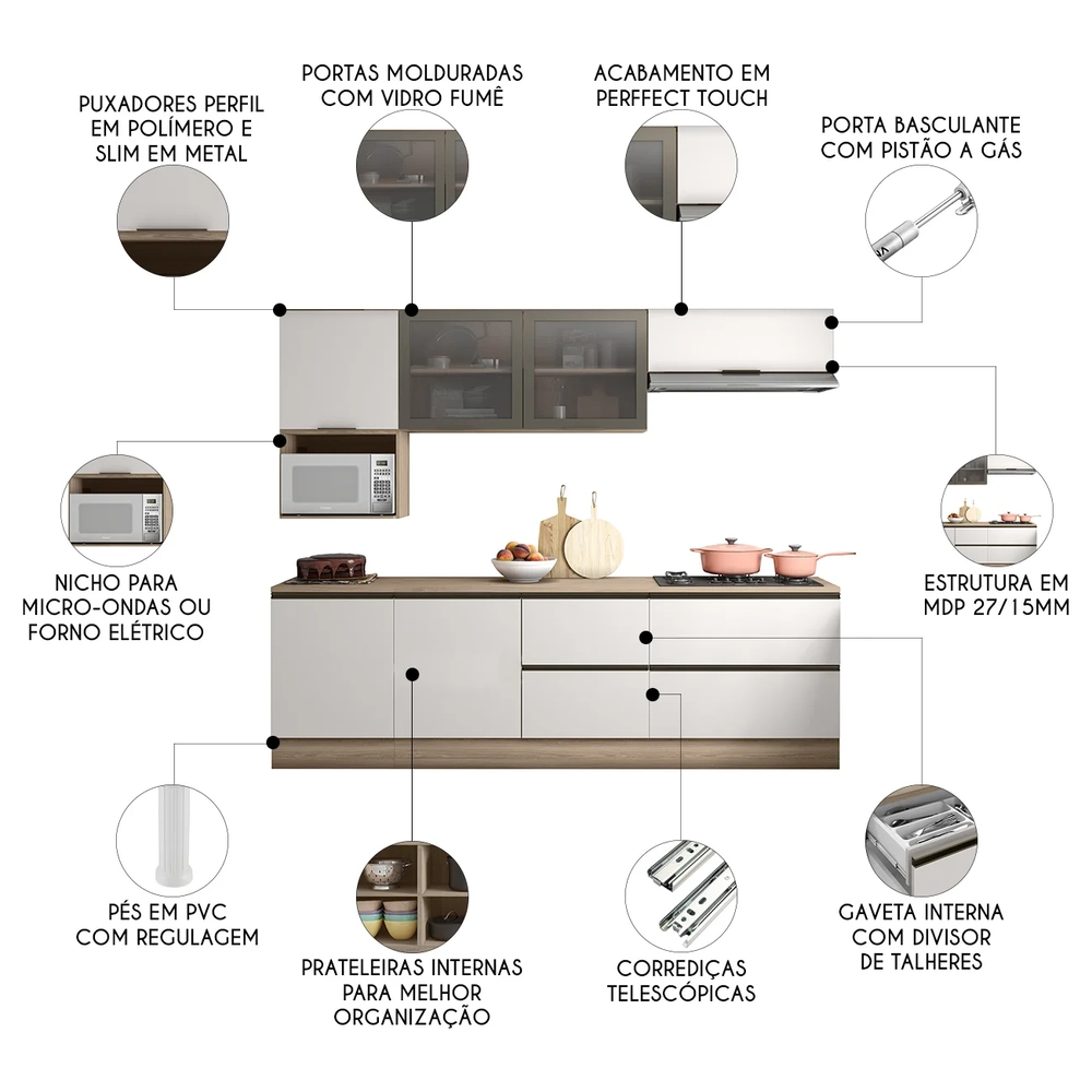 Armário de Cozinha CP03 e Tampo Grace Carvalho Oak/Off White Z44 - Mpozenato