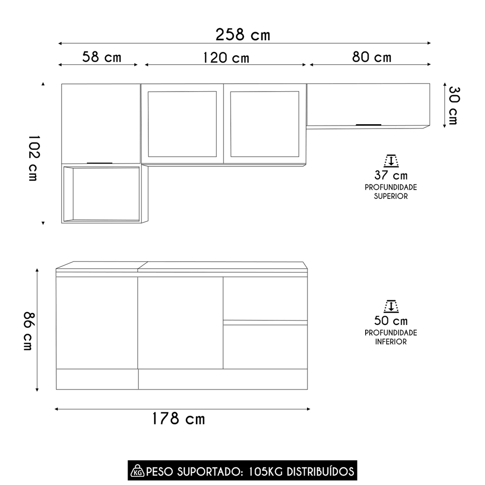 Armário de Cozinha CP02 e Tampo Grace Grafite Z44           - Mpozenato