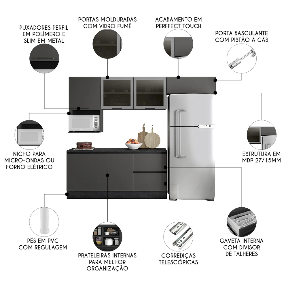 Armário de Cozinha CP02 e Tampo Grace Grafite Z44           - Mpozenato