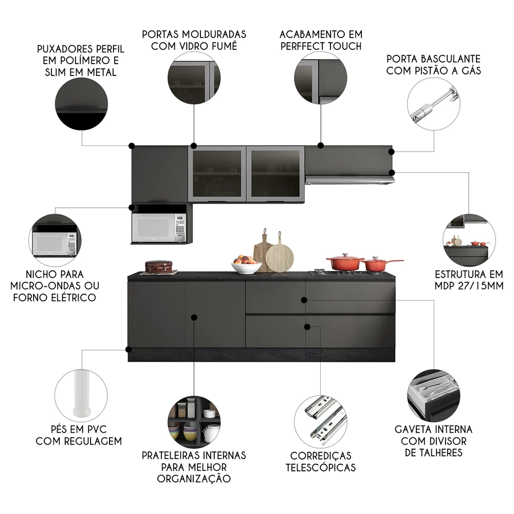 Armário de Cozinha CP03 e Tampo Grace Grafite Z44           - Mpozenato
