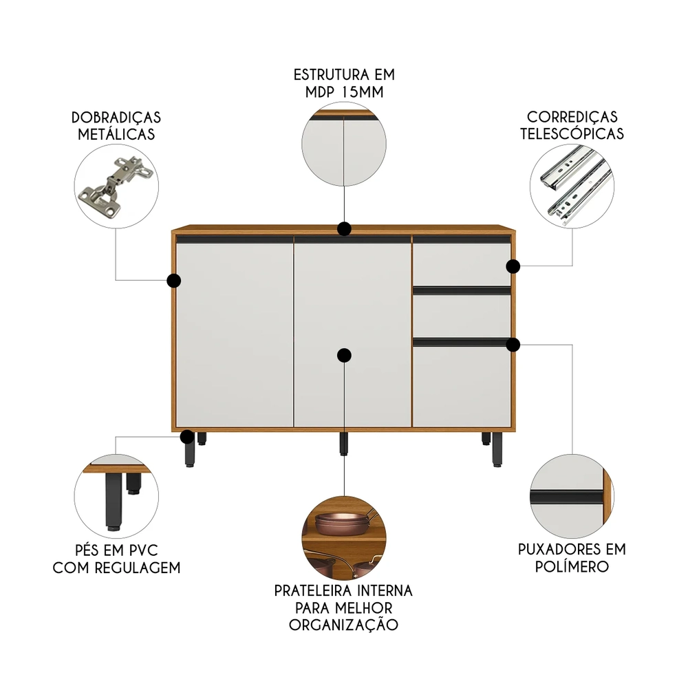 Balcão de Cozinha e Tampo 120cm Nala Freijó UV/Off Acetinado Z44 - Mpozenato