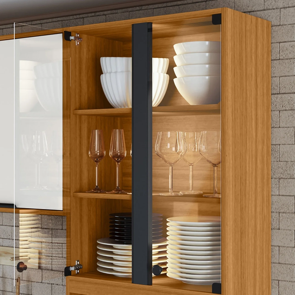 Paneleiro Cozinha Porta de Vidro Nala Freijó UV/Off Acetinado Z44 - Mpozenato