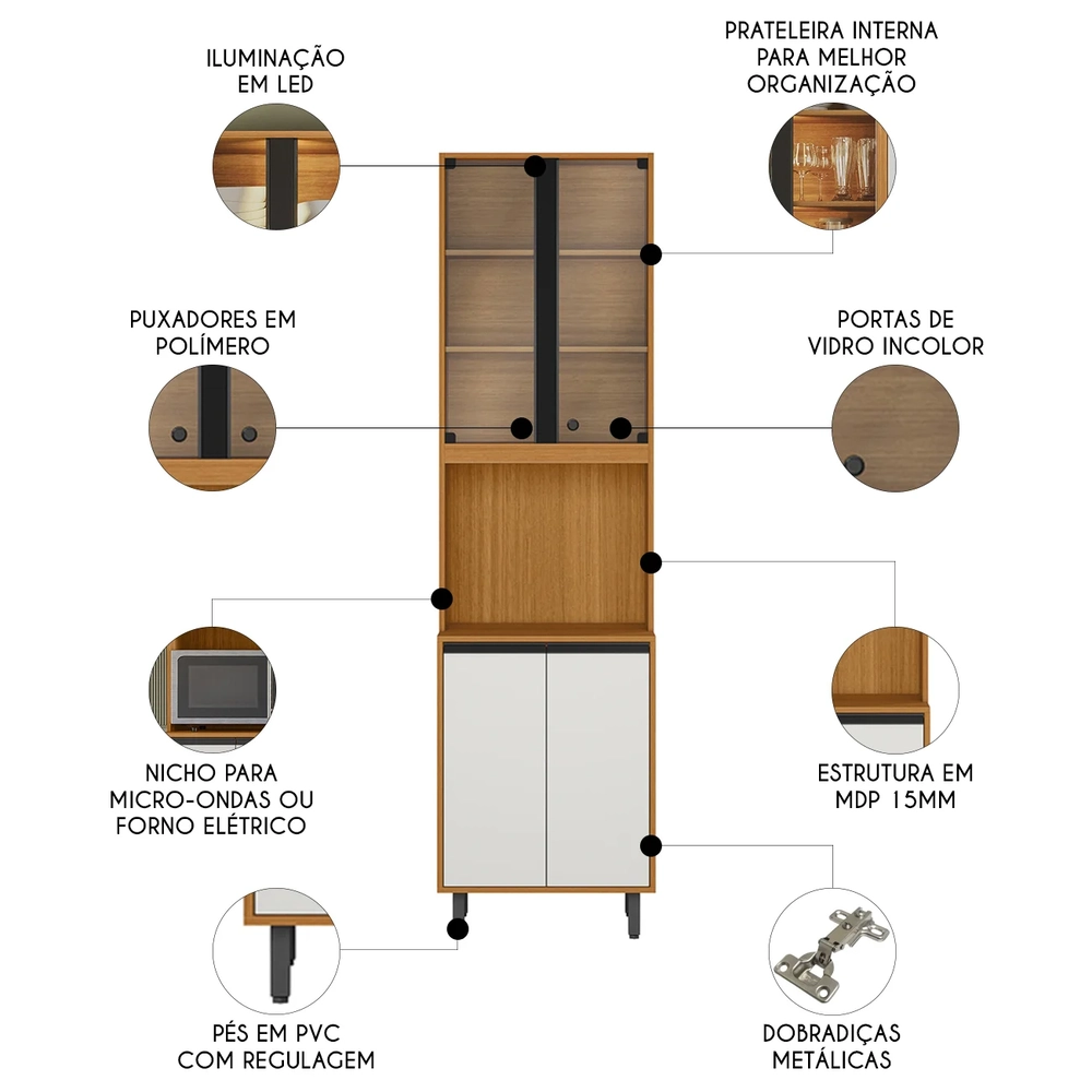 Paneleiro Cozinha Porta de Vidro Nala Freijó UV/Off Acetinado Z44 - Mpozenato
