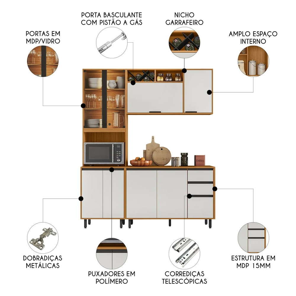Armário de Cozinha CP01 180cm Nala Freijó UV/Off Acetinado Z44 - Mpozenato