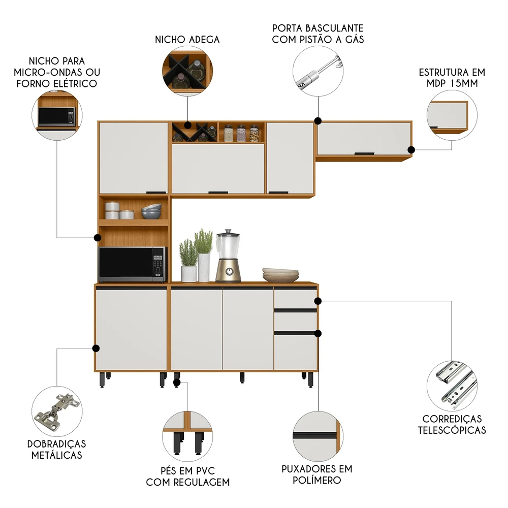 Armário de Cozinha CP02 260cm Nala Freijó UV/Off Acetinado Z44 - Mpozenato