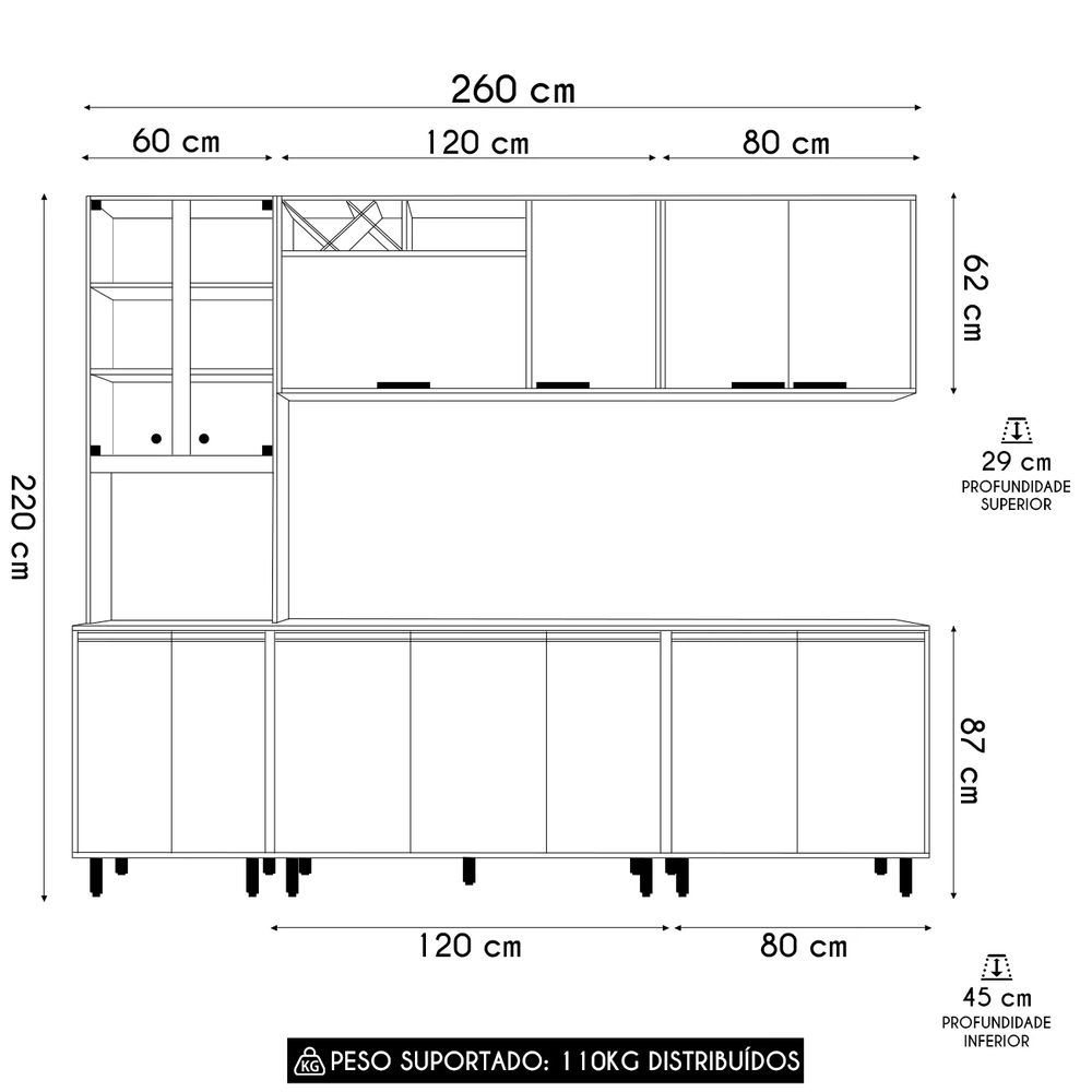 Armário de Cozinha CP03 260cm Nala Freijó UV/Off Acetinado Z44 - Mpozenato