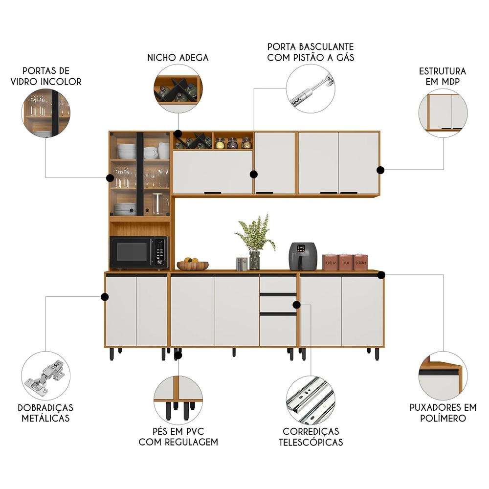 Armário de Cozinha CP03 260cm Nala Freijó UV/Off Acetinado Z44 - Mpozenato