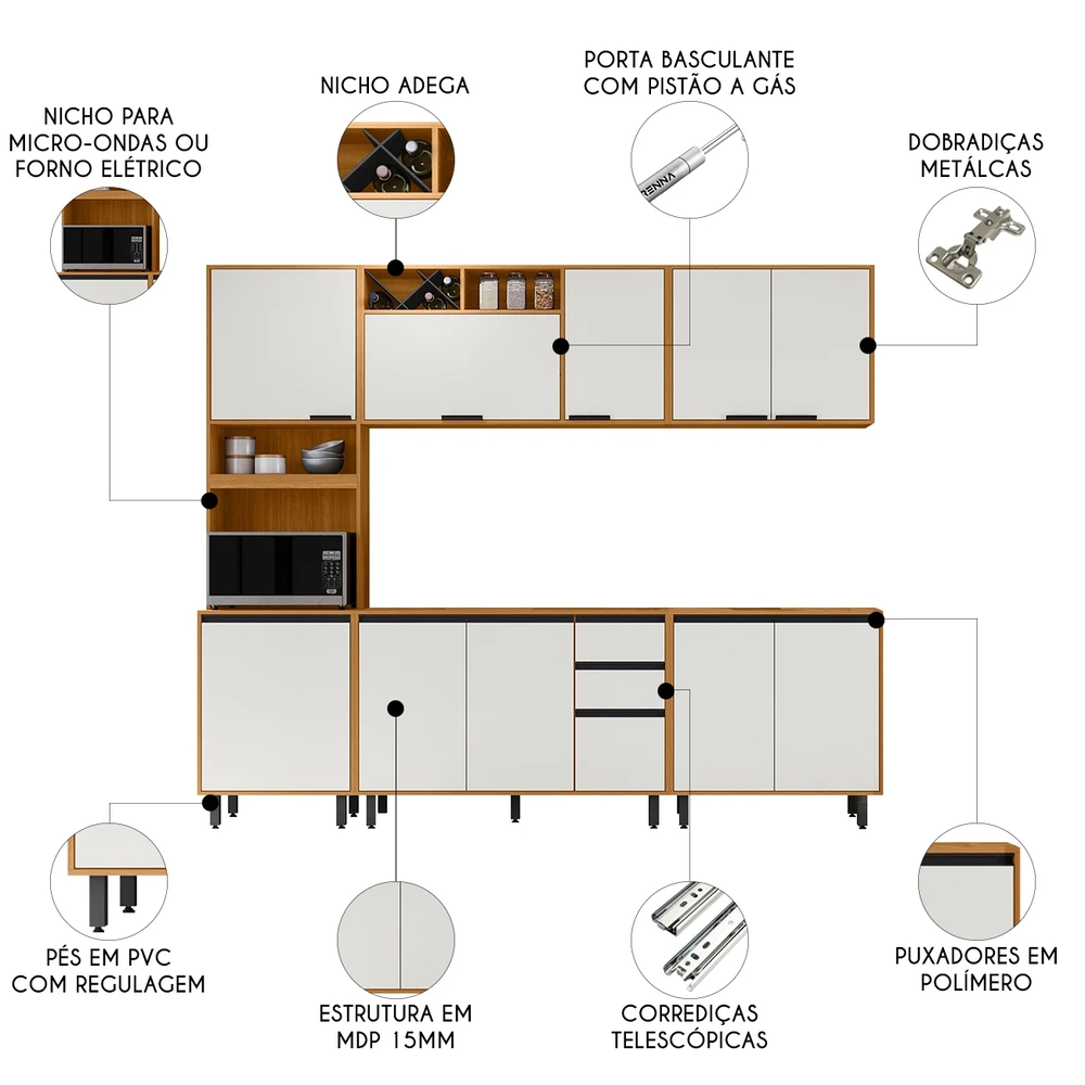 Armário de Cozinha CP04 260cm Nala Freijó UV/Off Acetinado Z44 - Mpozenato