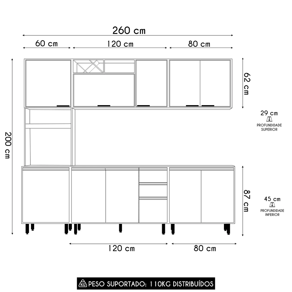 Armário de Cozinha CP04 260cm Nala Freijó UV/Off Acetinado Z44 - Mpozenato