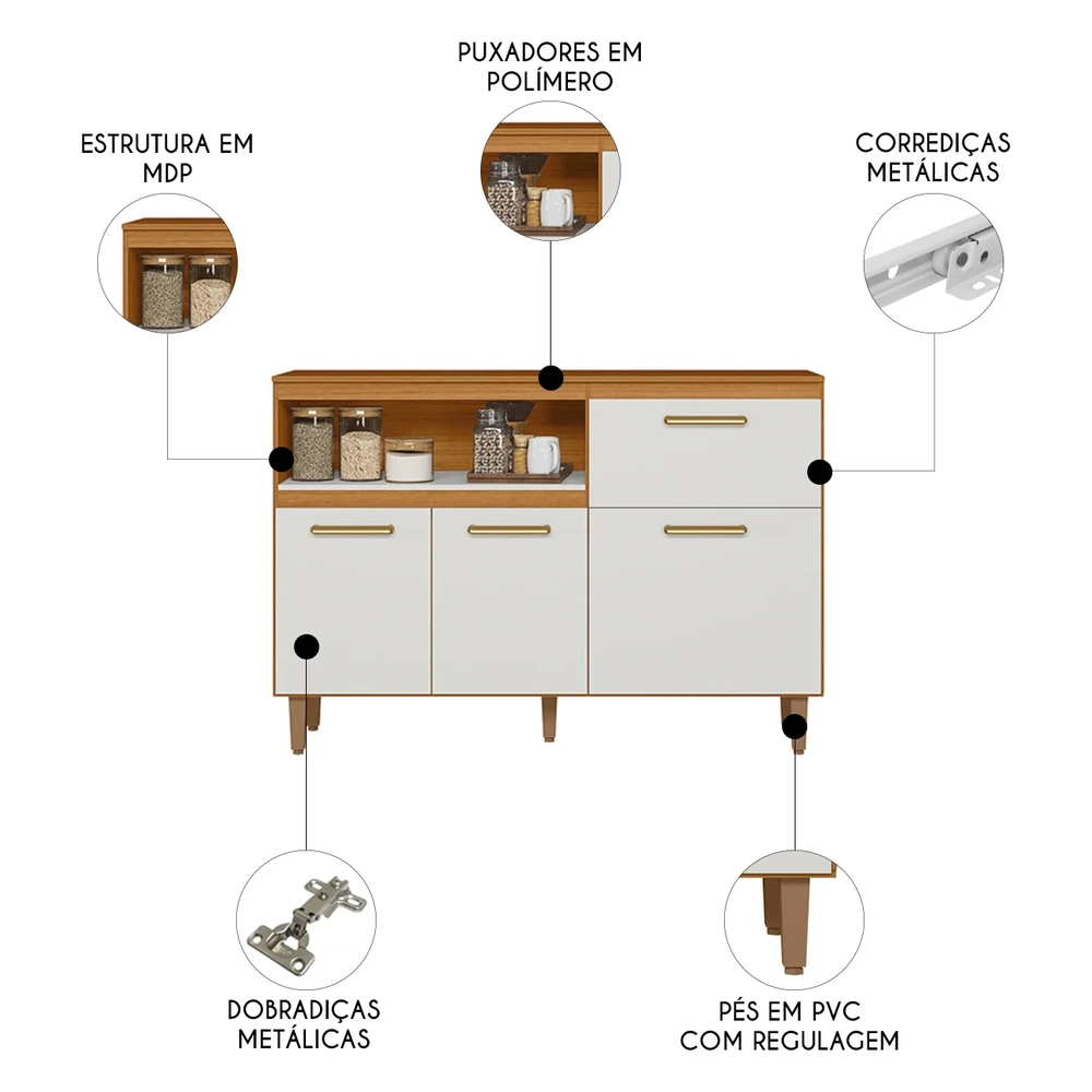 Balcão de Cozinha e Tampo 120cm Ema Freijó UV/Off Acetinado Z44 - Mpozenato