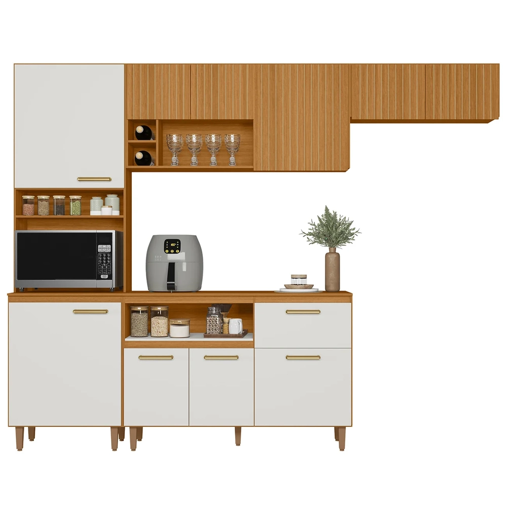 Cozinha Compacta Ema Freijó UV/Off Acetinado/Ripado Frisado Z44 - Mpozenato