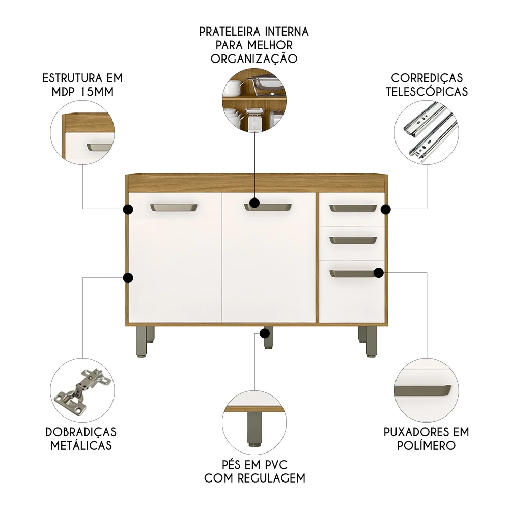 Balcão de Cozinha Para Pia 120cm Emily Freijó/Off Acetinado Z44 - Mpozenato