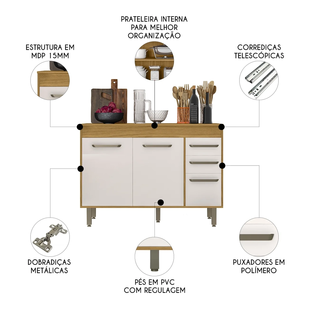 Balcão de Cozinha Com Tampo 120cm Emily Freijó/Off Acetinado Z44 - Mpozenato
