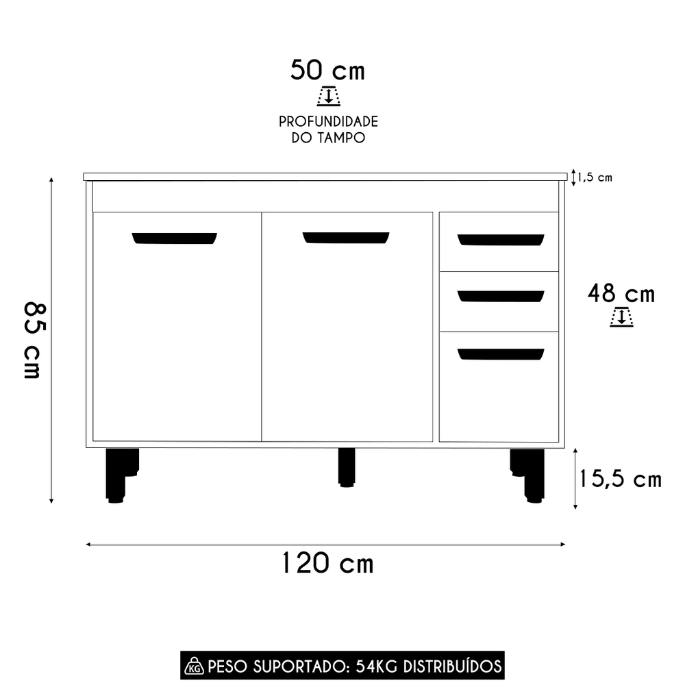 Balcão de Cozinha Com Tampo 120cm Emily Freijó/Off Acetinado Z44 - Mpozenato