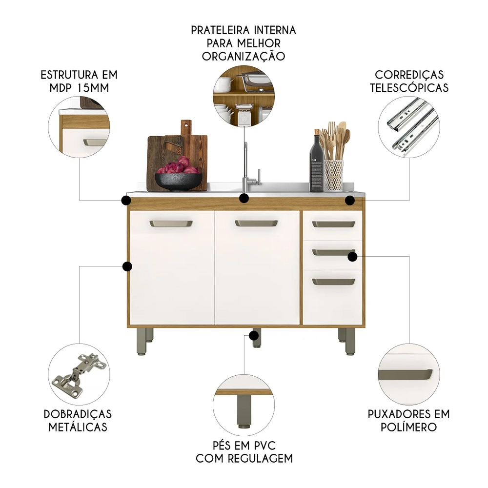 Balcão de Cozinha Com Pia 120cm Emily Freijó/Off Acetinado Z44 - Mpozenato