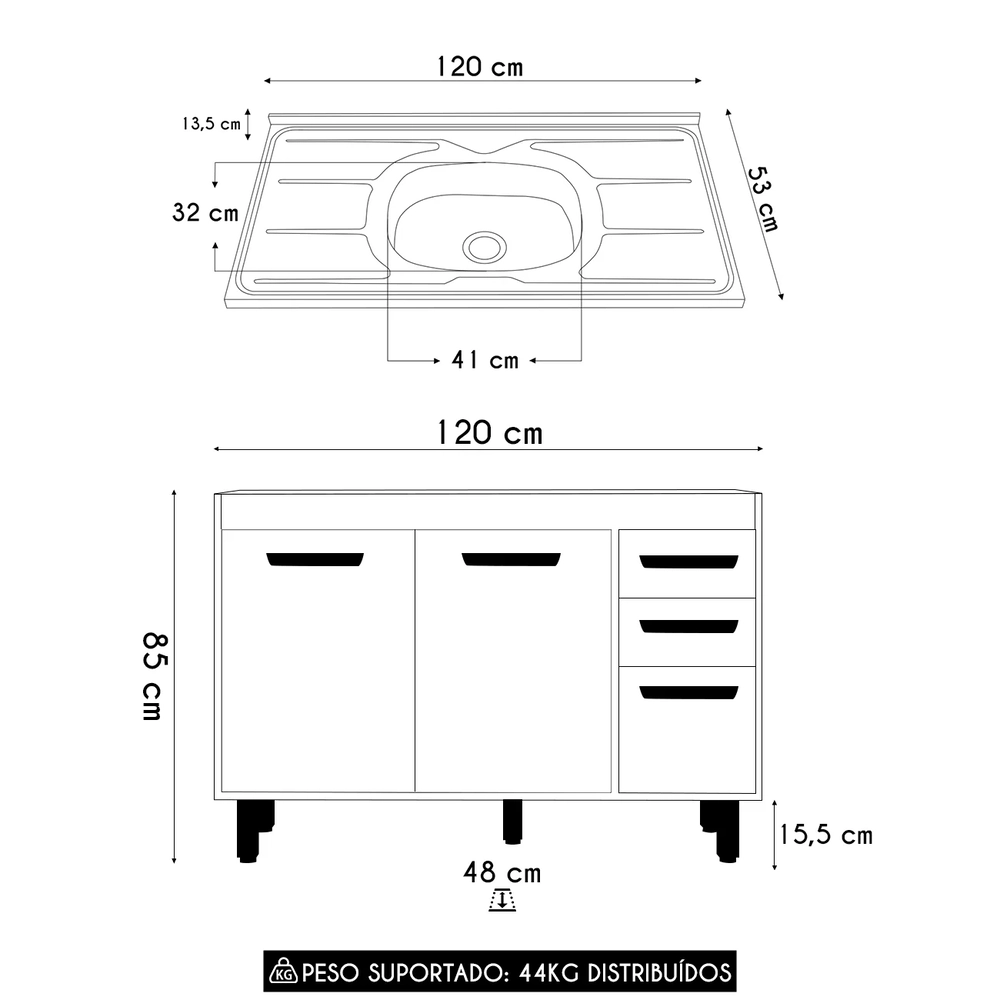 Balcão de Cozinha Com Pia 120cm Emily Freijó/Off Acetinado Z44 - Mpozenato