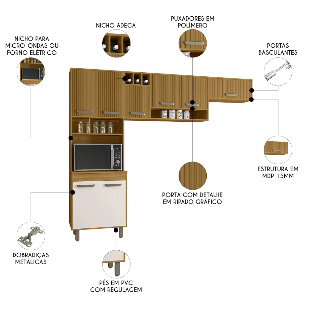 Armário de Cozinha Compacta Emily Freijó/Ripado/Off Acetinado Z44 - Mpozenato