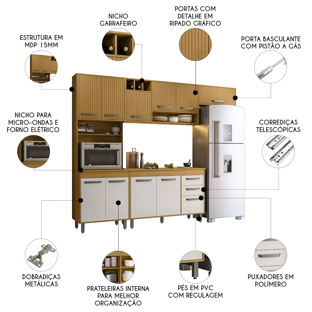 Cozinha Compacta Com Tampo Emily Freijó/Ripado/Off Acetinado Z44 - Mpozenato