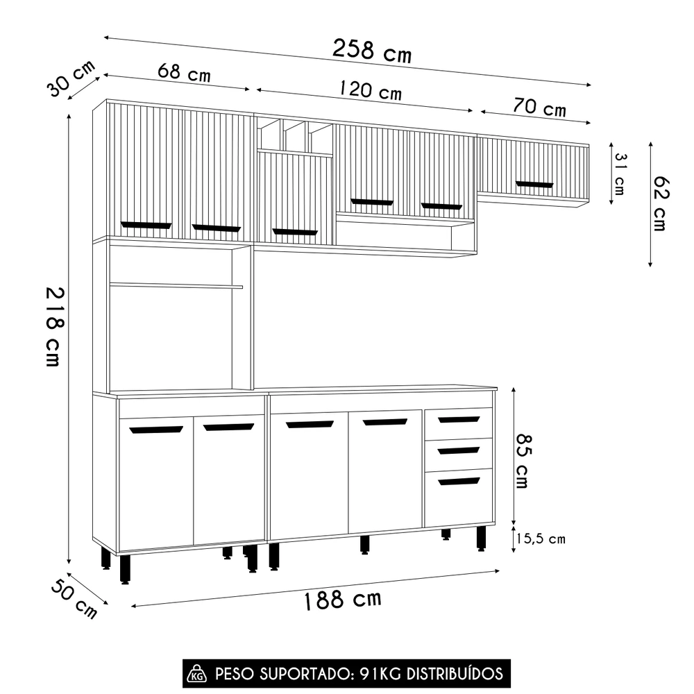 Cozinha Compacta Com Tampo Emily Freijó/Ripado/Off Acetinado Z44 - Mpozenato