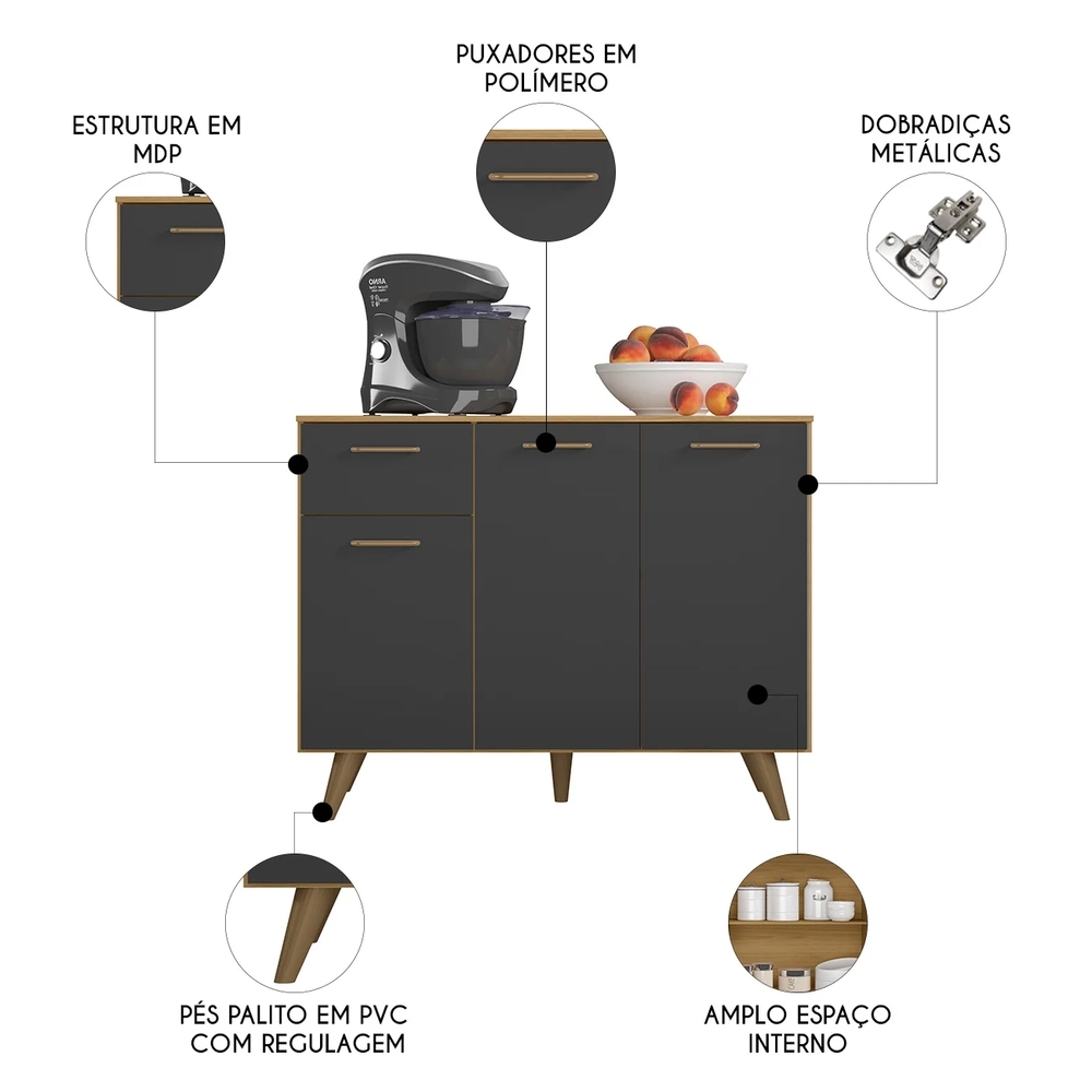Balcão de Cozinha 105cm Amélia Freijó UV/Grafite Acetinado Z44 - Mpozenato