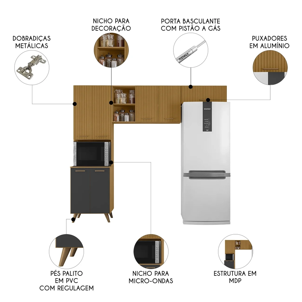 Armário de Cozinha Amélia Freijó UV/Ripado/Grafite Acetinado Z44 - Mpozenato
