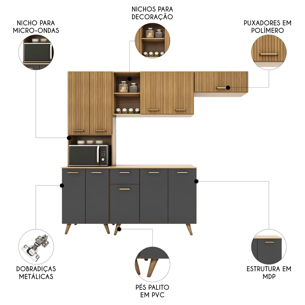 Cozinha Compacta Amélia Freijó UV/Ripado/Grafite Acetinado Z44 - Mpozenato