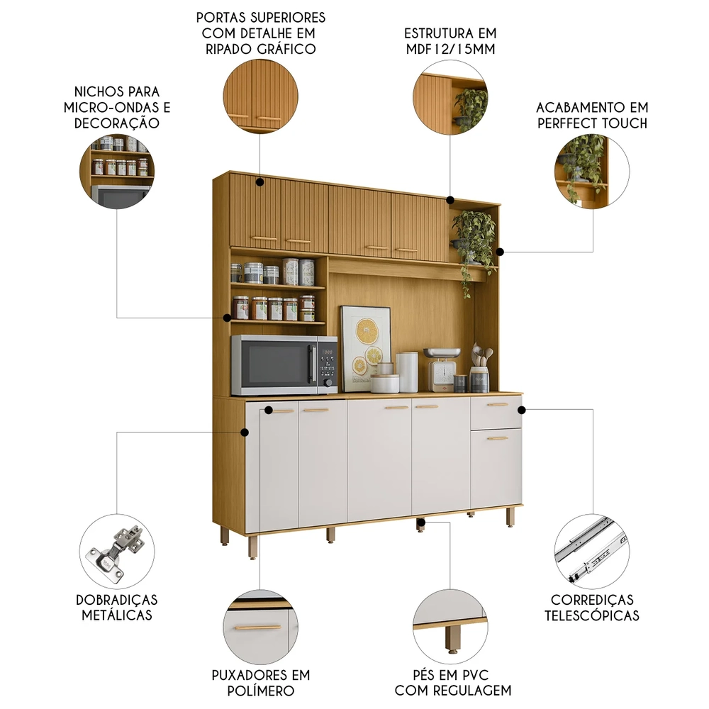 Cozinha Compacta 180cm Martina Freijó/Ripado/Off Acetinado Z44 - Mpozenato