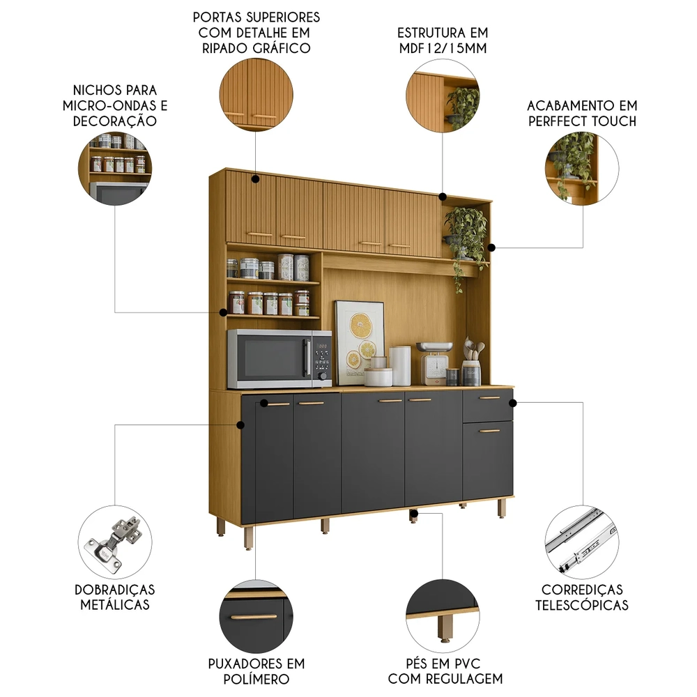 Cozinha Compacta 180cm Martina Freijó/Ripado/Grafite Z44    - Mpozenato