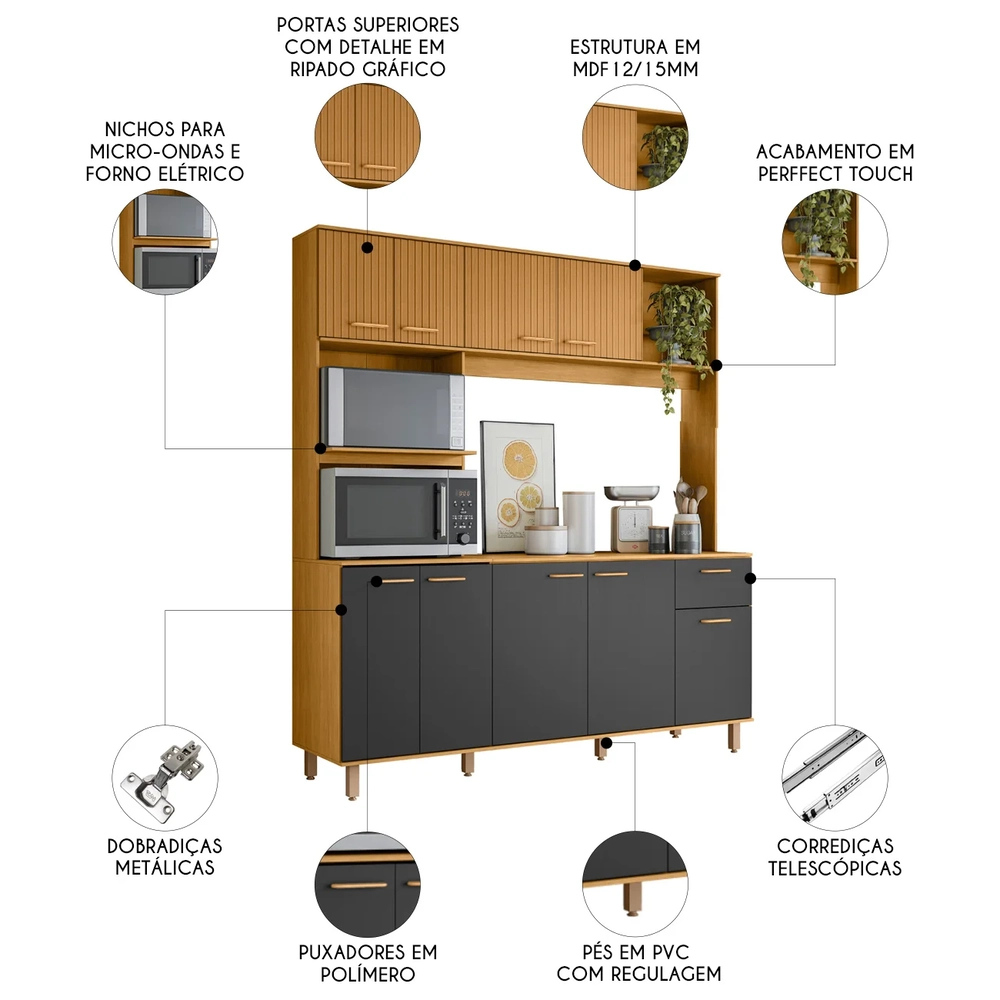 Cozinha Compacta Com Tampo Luiza Freijó/Ripado/Grafite Acetinado Z44 - Mpozenato
