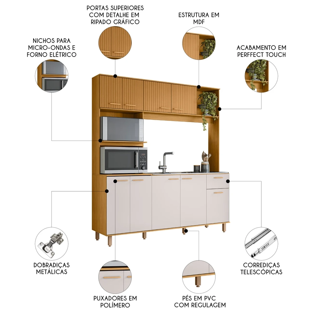 Cozinha Compacta e Pia 120cm Luiza Freijó/Ripado/Off Acetinado Z44 - Mpozenato
