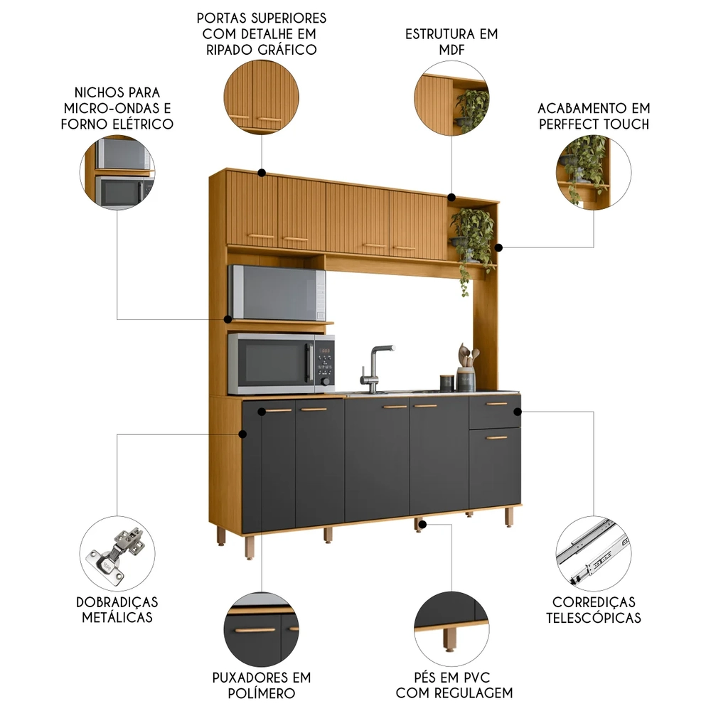 Cozinha Compacta e Pia 120cm Luiza Freijó/Ripado/Grafite Acetinado Z44 - Mpozenato