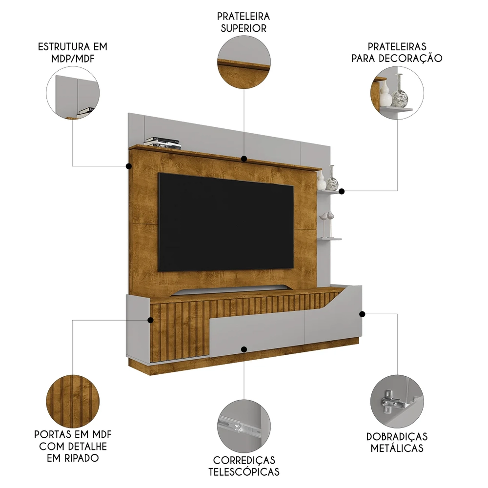 Estante Painel Para TV 75 Pol 210cm Shay Naturalle/Off B02  - Mpozenato