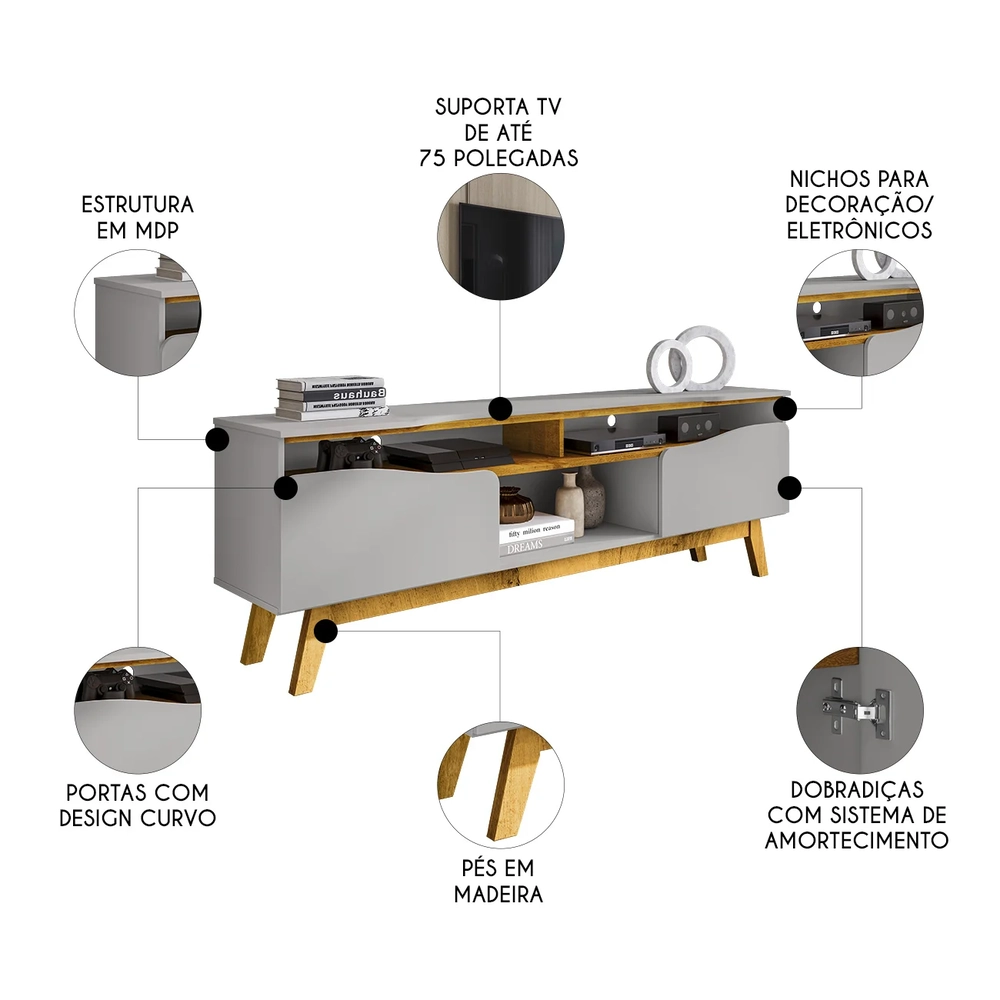 Rack Bancada Para TV 75 Pol 180cm Rita Off/Naturalle B02    - Mpozenato