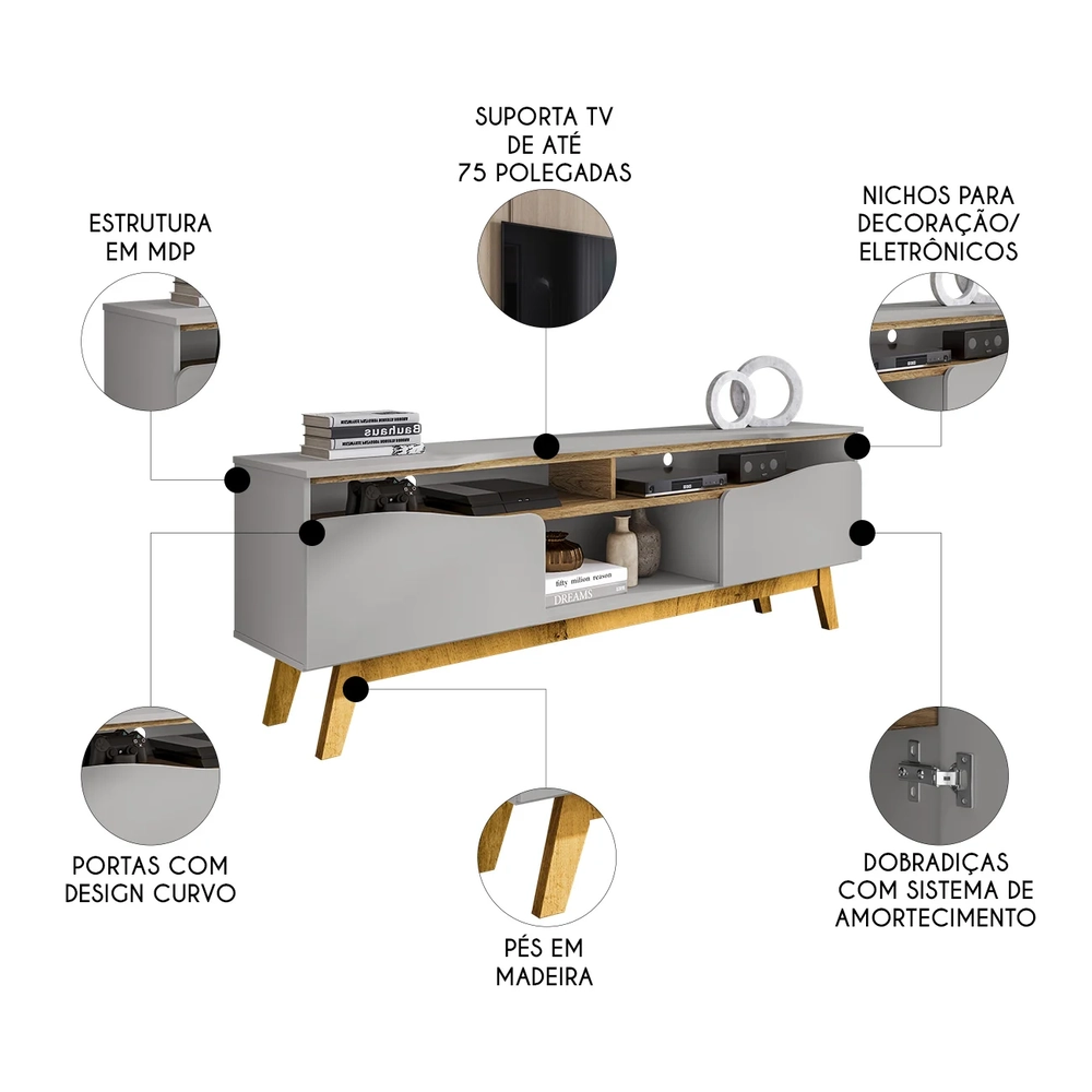 Rack Bancada Para TV 75 Pol 180cm Rita Off/Cinamomo B02     - Mpozenato