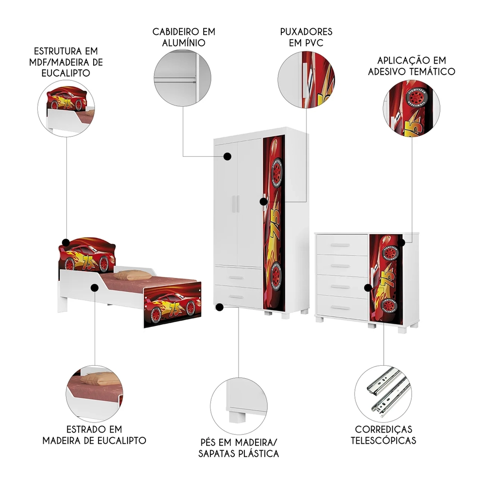 Quarto Infantil 3 Peças Com Mini Cama Carro Vermelho Z53    - Mpozenato