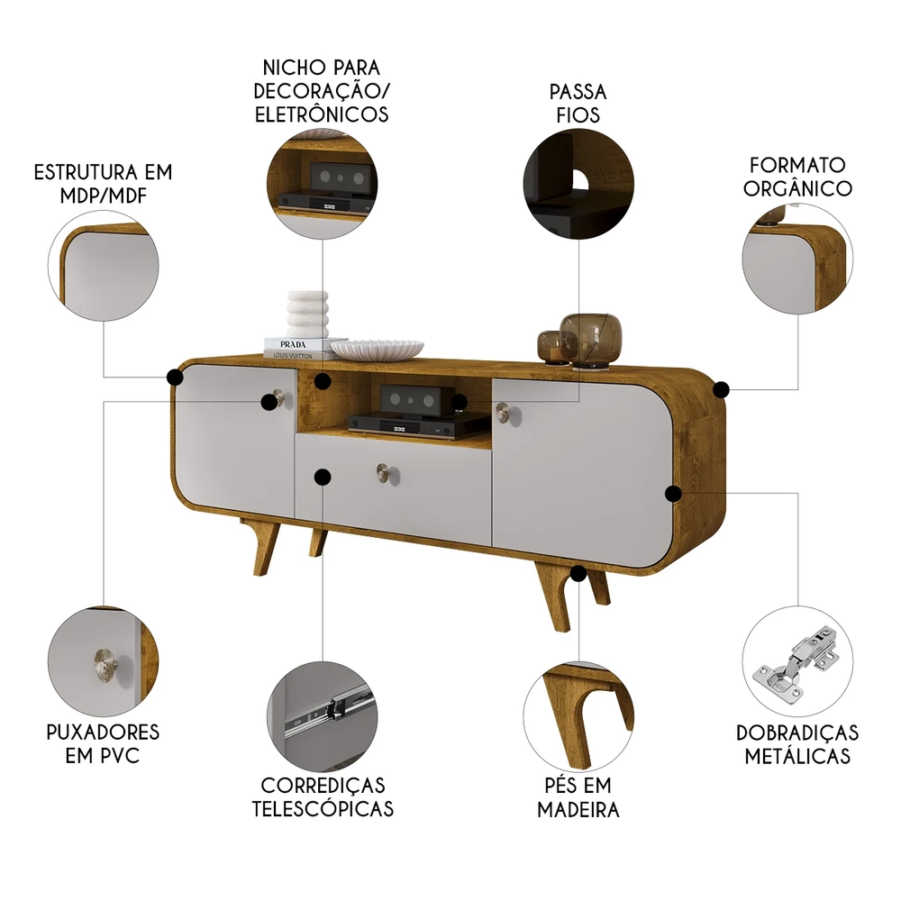 Rack Bancada Para TV 55 Pol 156cm Demi Naturalle/Off B02    - Mpozenato