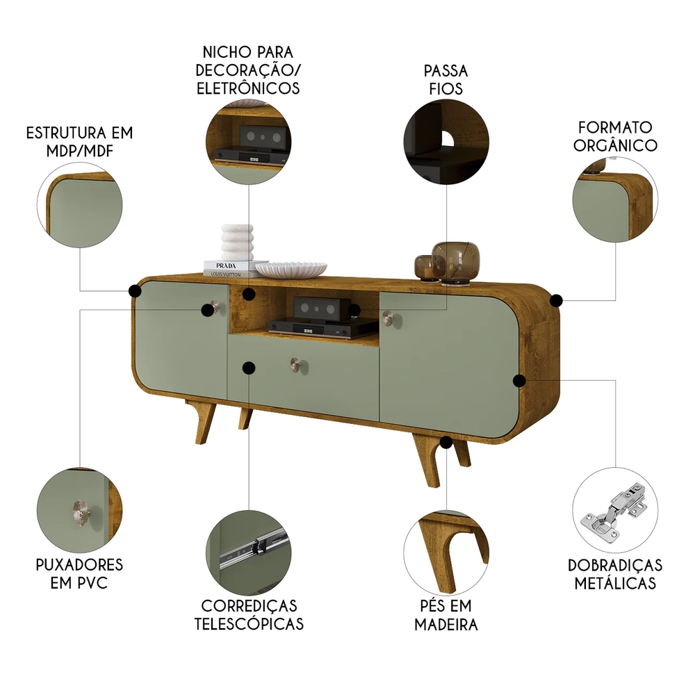 Rack Bancada Para TV 55 Pol 156cm Demi Naturalle/Pistache B02 - Mpozenato