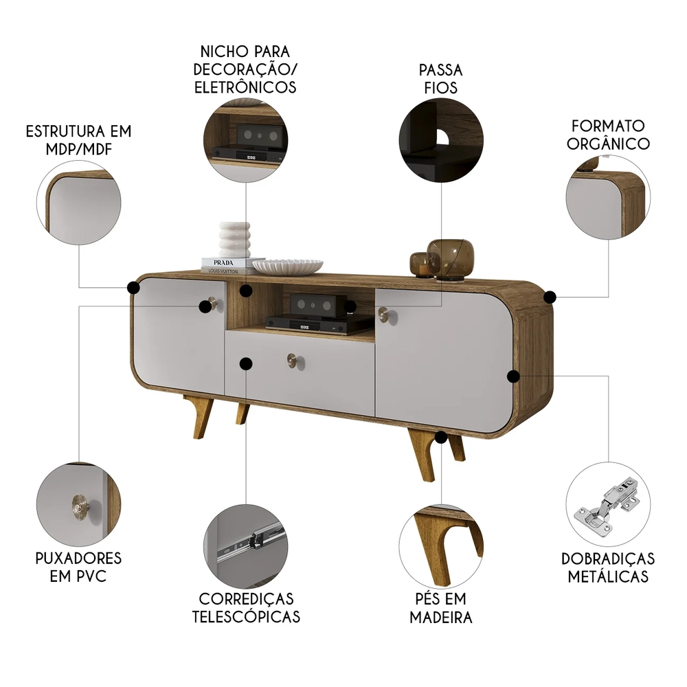 Rack Bancada Para TV 55 Pol 156cm Demi Cinamomo/Off B02     - Mpozenato