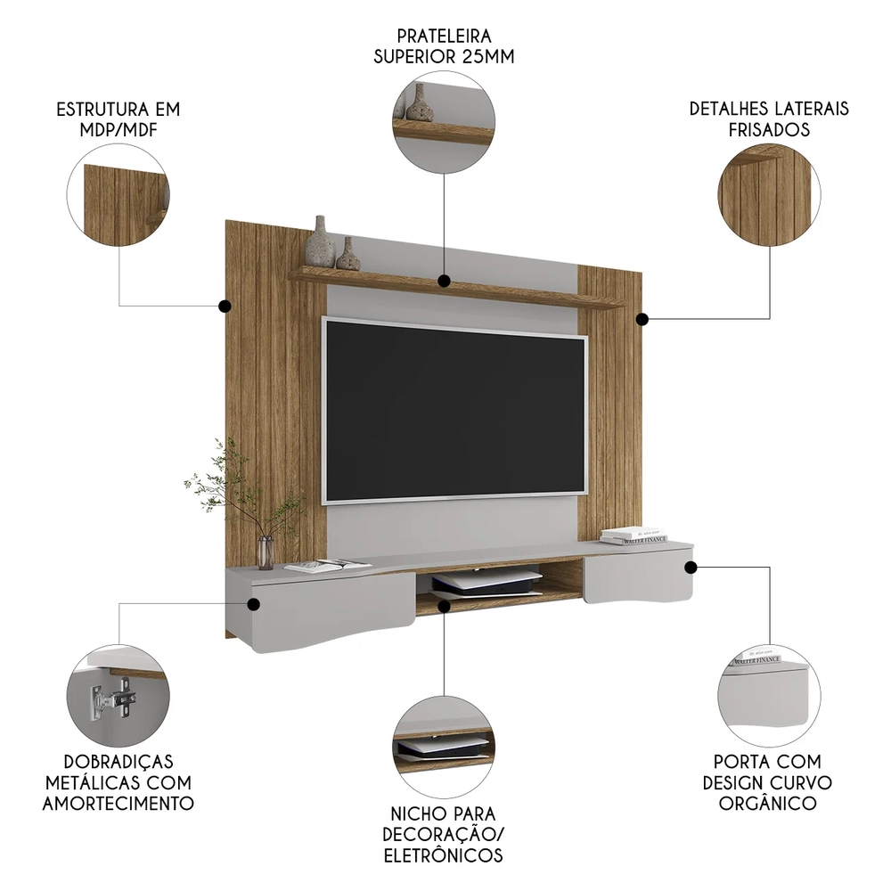 Painel TV 65 Pol e Bancada Suspensa 177cm Ivai Cinamomo/Off B02 - Mpozenato